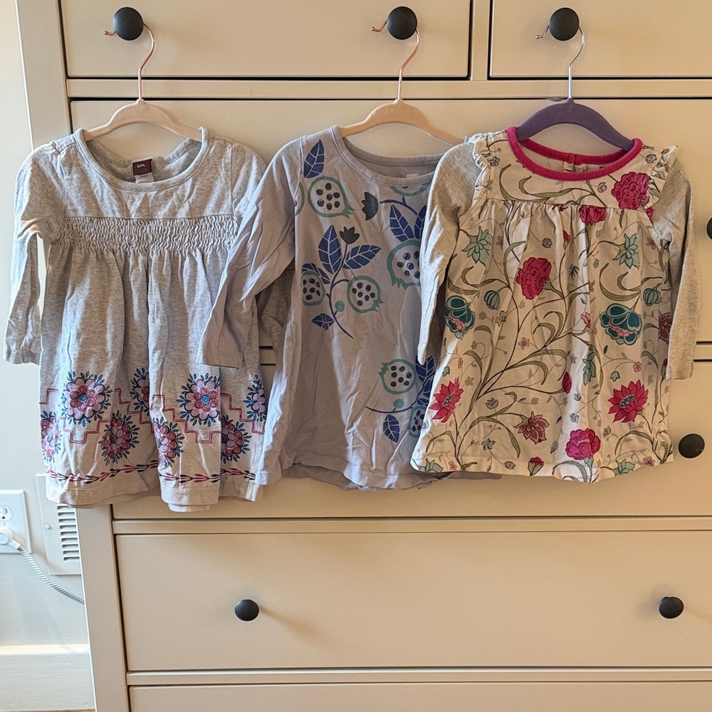 Tea Collection Kids Long Sleeve Tunics- Gray and Cream with Floral Designs